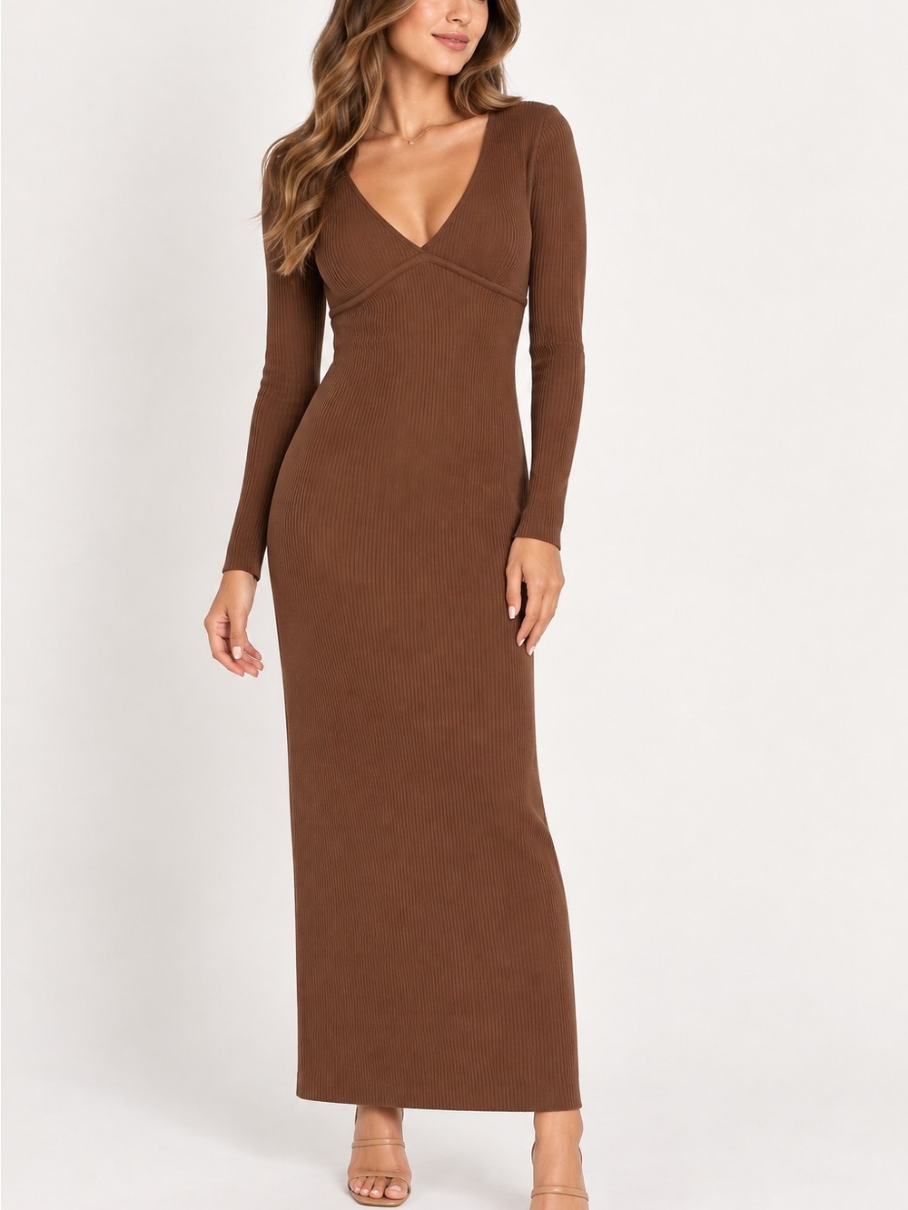 Wilfred Brown Ribbed V-Neck Long Sleeve Maxi Dress